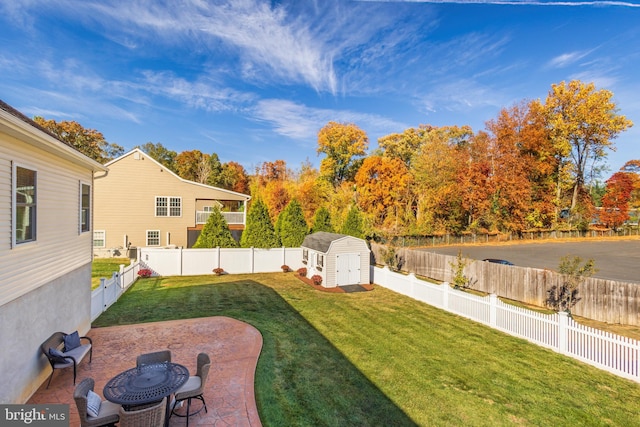 view of yard featuring a patio area and a shed