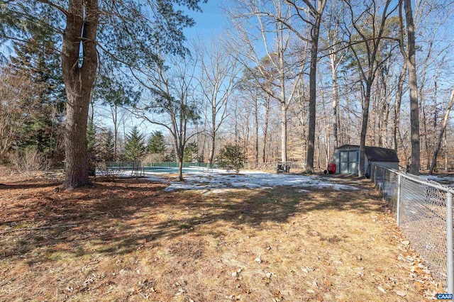 view of yard with a swimming pool and a storage unit