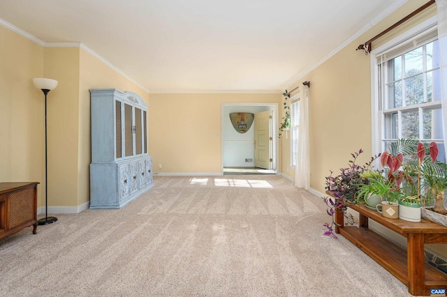 living room with crown molding and light colored carpet