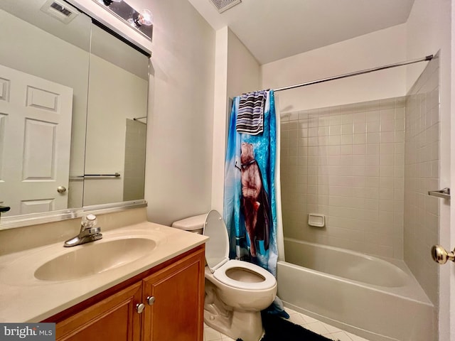 full bathroom featuring shower / bath combination with curtain, tile patterned floors, toilet, and vanity