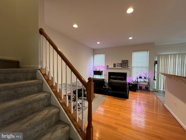 staircase with hardwood / wood-style floors