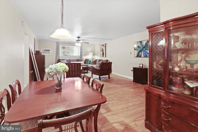 dining area with ceiling fan and light hardwood / wood-style floors