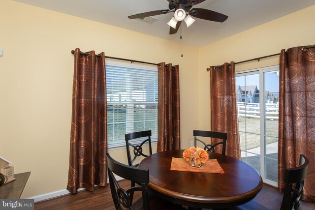 dining room featuring dark wood-type flooring and ceiling fan