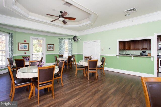 dining area featuring plenty of natural light, dark hardwood / wood-style floors, and a tray ceiling