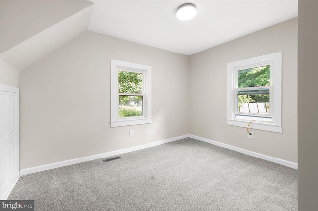 additional living space with a healthy amount of sunlight, carpet flooring, and vaulted ceiling