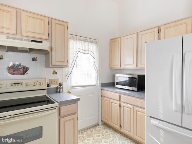 kitchen featuring light brown cabinets, backsplash, and white appliances