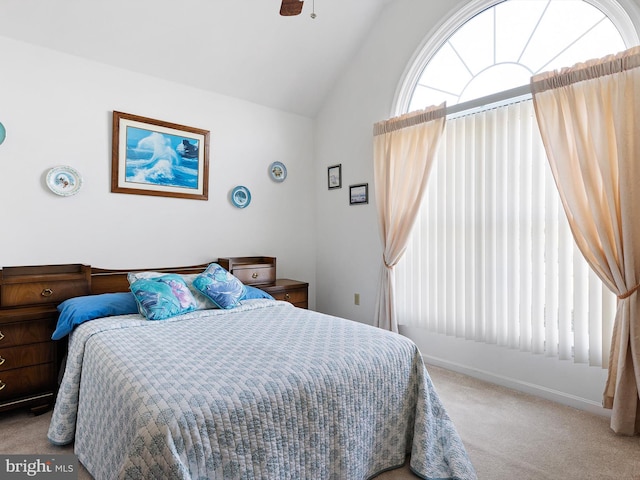 bedroom featuring light colored carpet and vaulted ceiling