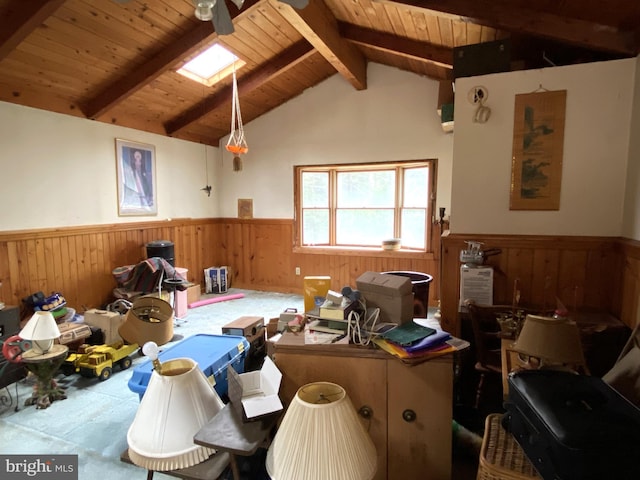 misc room featuring wooden ceiling, carpet flooring, and vaulted ceiling with beams