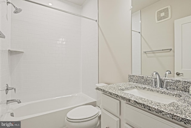 full bath featuring toilet, shower / bathing tub combination, vanity, and visible vents