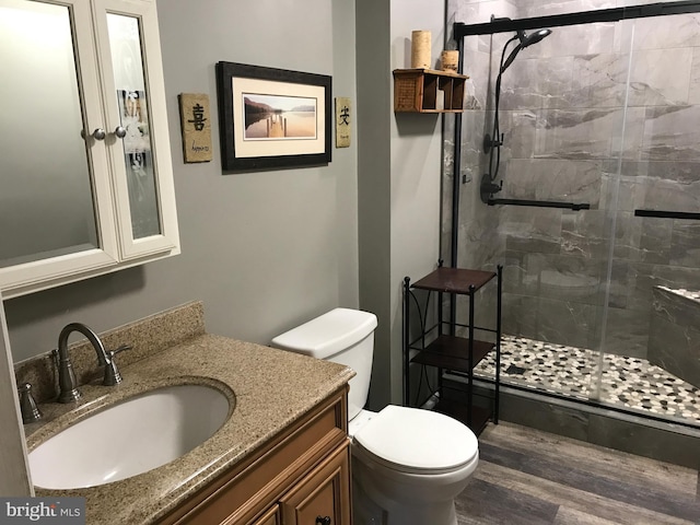 bathroom with vanity, wood-type flooring, toilet, and a shower with shower door