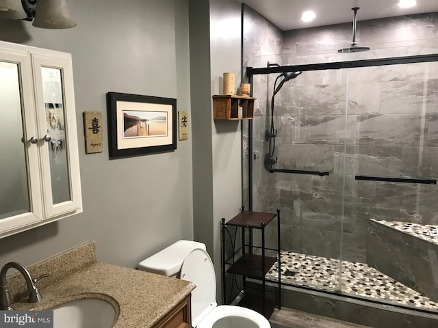 bathroom with vanity, a shower with door, and toilet