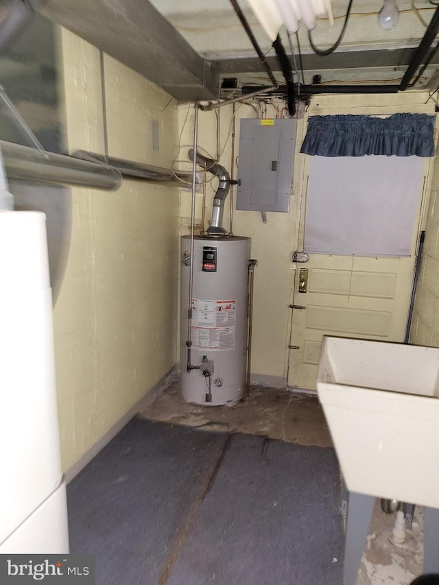 utilities with water heater, sink, and electric panel