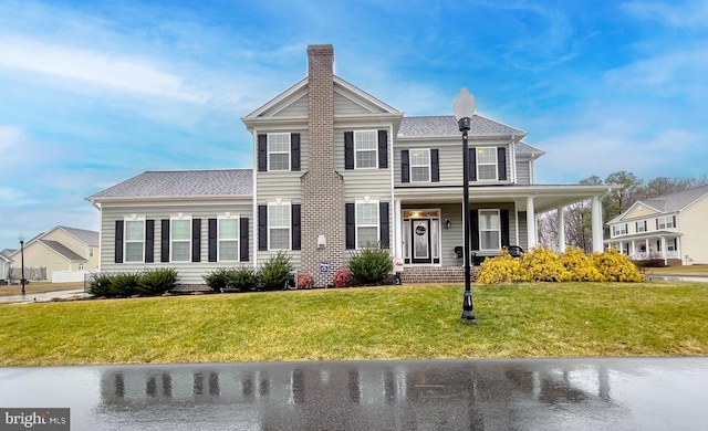 view of front of home with a porch, a front yard, and a chimney