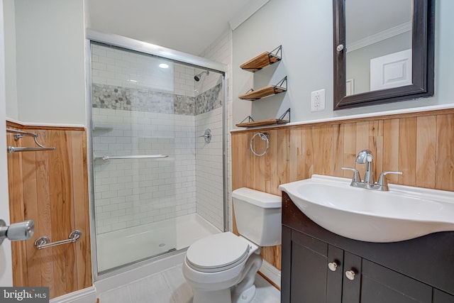 bathroom with an enclosed shower, ornamental molding, toilet, and wood walls