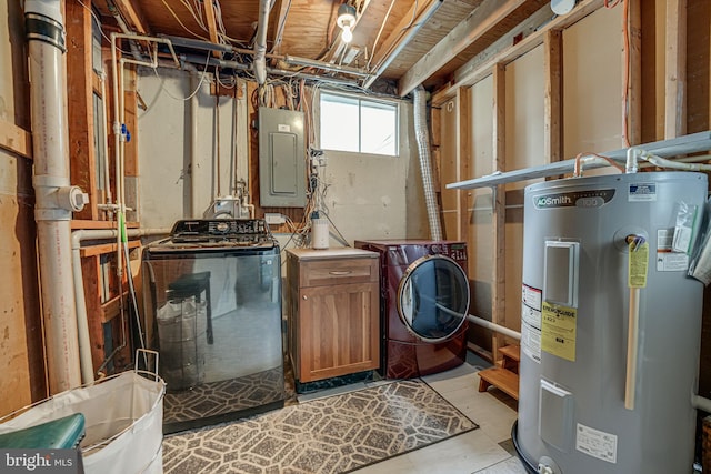 utilities featuring electric panel, electric water heater, and washing machine and clothes dryer