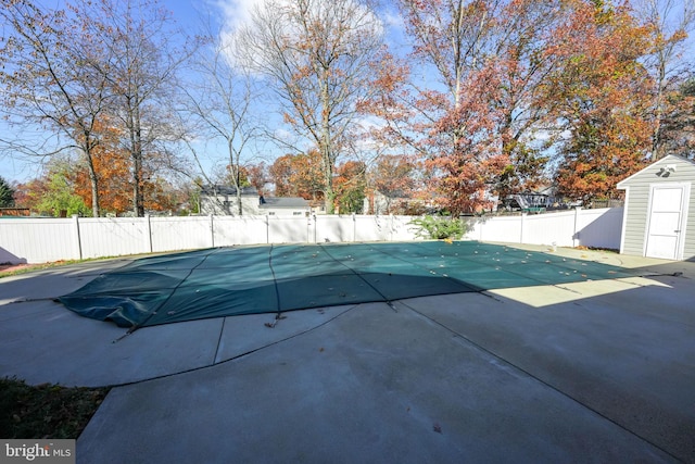 view of pool with a patio and a storage shed