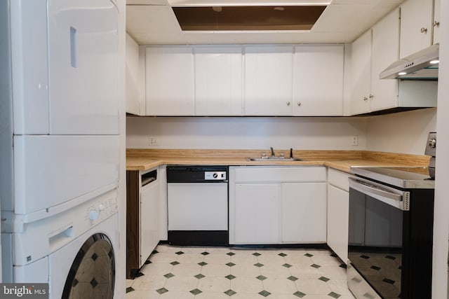 kitchen with white cabinetry, sink, stacked washer and clothes dryer, white dishwasher, and electric stove