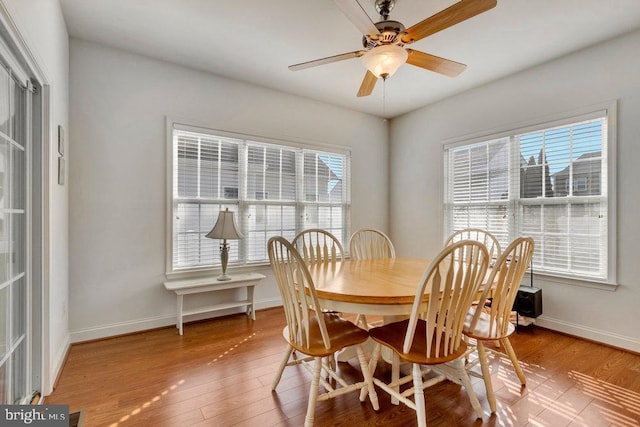 dining space with hardwood / wood-style floors and ceiling fan