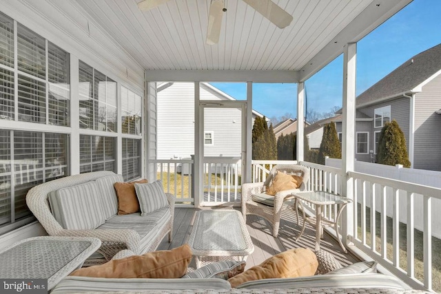 sunroom / solarium featuring wood ceiling and ceiling fan