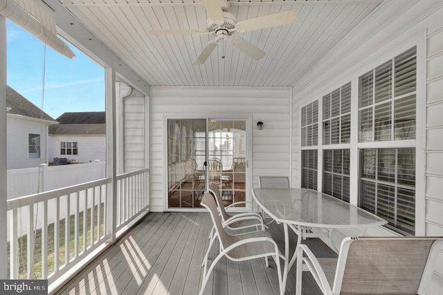 sunroom / solarium featuring ceiling fan