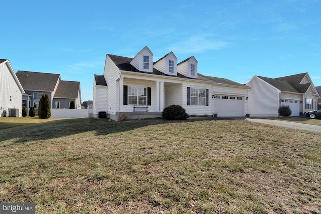 cape cod-style house featuring central AC, a garage, and a front lawn