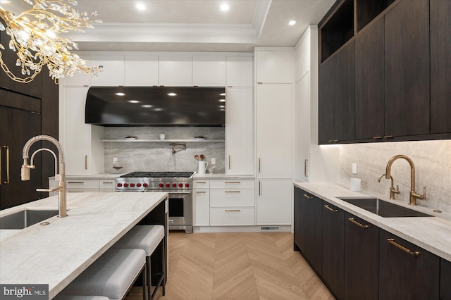 kitchen featuring white cabinetry, sink, designer range, and exhaust hood