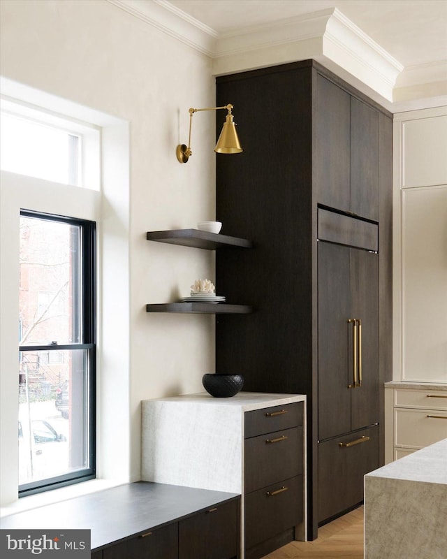 kitchen featuring crown molding, dark brown cabinets, and paneled built in fridge