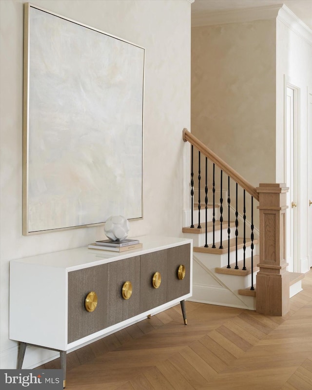 room details featuring parquet floors and crown molding