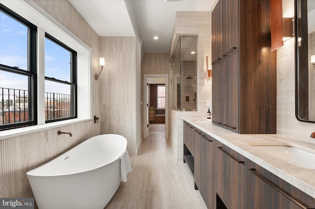 bathroom featuring vanity and independent shower and bath