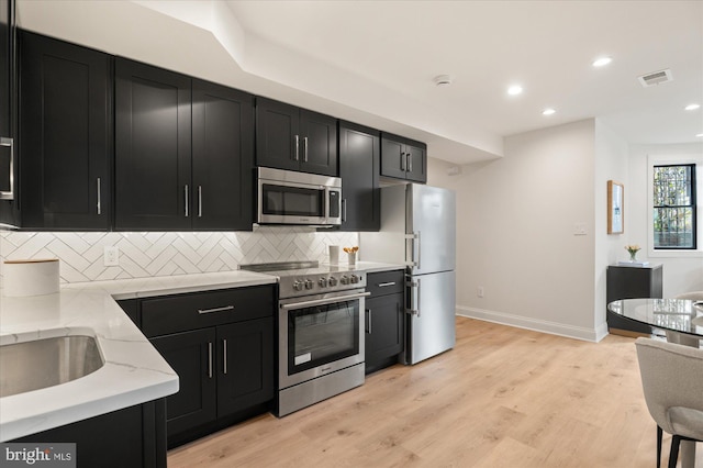 kitchen with appliances with stainless steel finishes, tasteful backsplash, sink, light stone counters, and light wood-type flooring