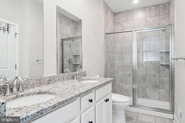 bathroom with tile patterned flooring, vanity, a shower with door, and toilet