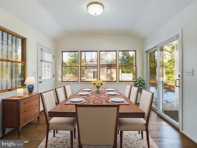 dining space with lofted ceiling, dark hardwood / wood-style floors, and a wealth of natural light