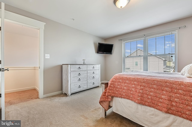 bedroom featuring light carpet