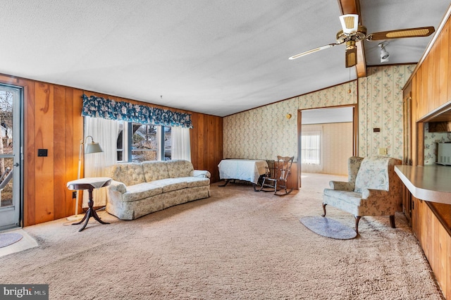 carpeted living room with ceiling fan, vaulted ceiling, and a textured ceiling