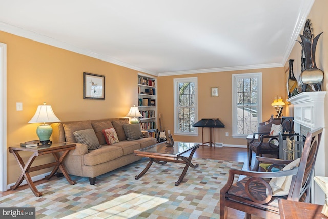 living room featuring ornamental molding and light hardwood / wood-style floors