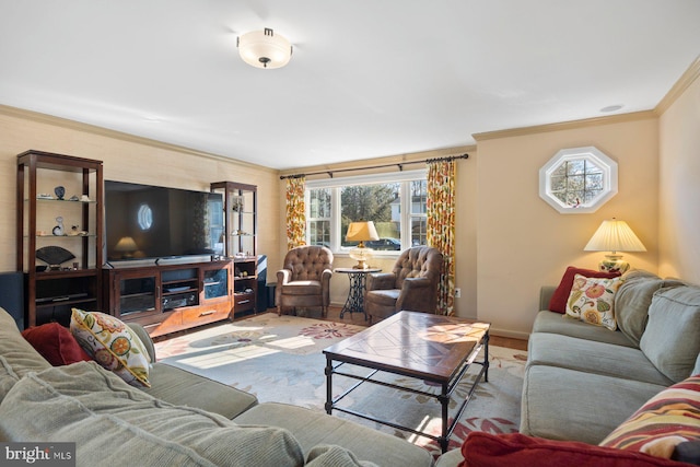 living room with crown molding and plenty of natural light