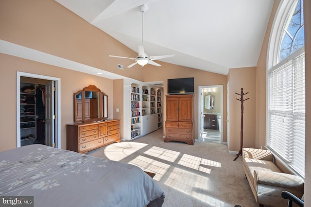 carpeted bedroom with multiple windows, connected bathroom, a spacious closet, and a closet