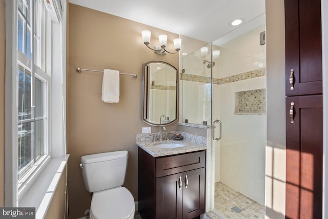 bathroom featuring vanity, a wealth of natural light, a shower with door, and toilet