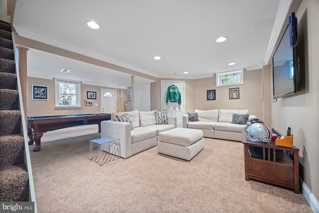 carpeted living room featuring billiards and ornamental molding