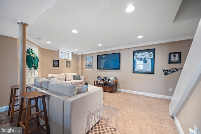 carpeted living room with ornamental molding