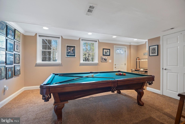 recreation room featuring crown molding, billiards, and carpet flooring