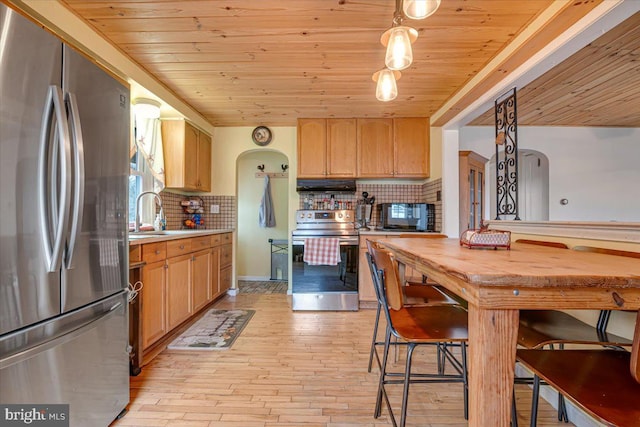 kitchen with wooden ceiling, appliances with stainless steel finishes, range hood, light hardwood / wood-style floors, and backsplash