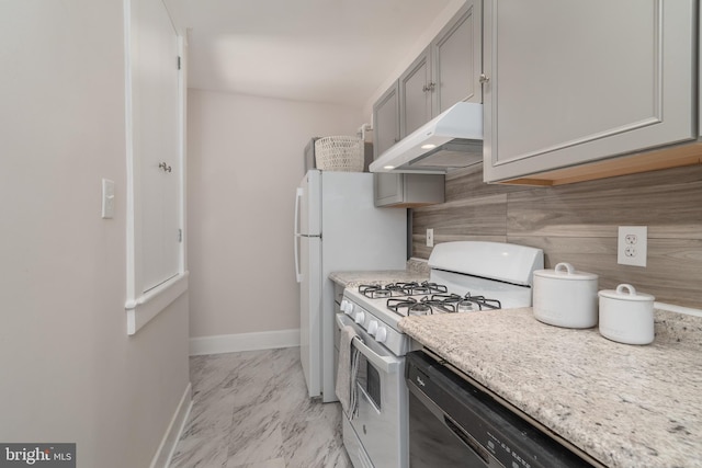 kitchen featuring tasteful backsplash, dishwasher, white range with gas cooktop, and gray cabinets