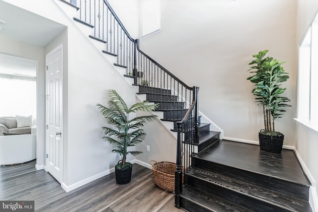 stairs with hardwood / wood-style floors and a high ceiling