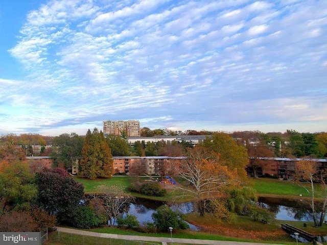 surrounding community with a water view and a lawn