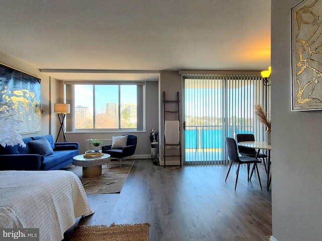 bedroom featuring access to exterior, multiple windows, wood finished floors, and baseboards