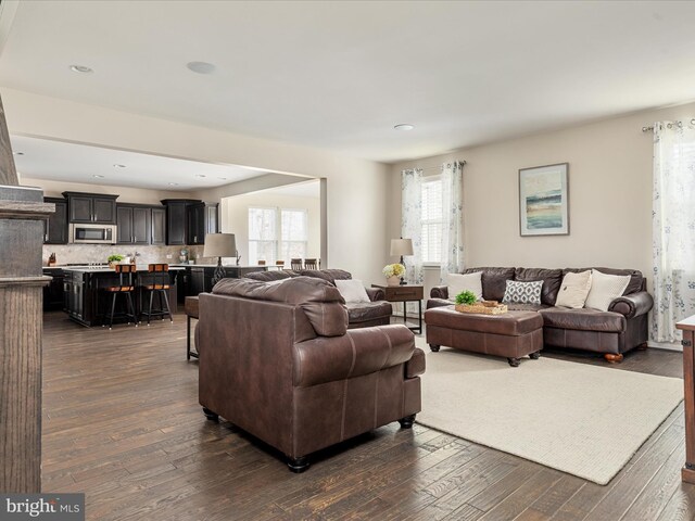living room with dark wood-type flooring