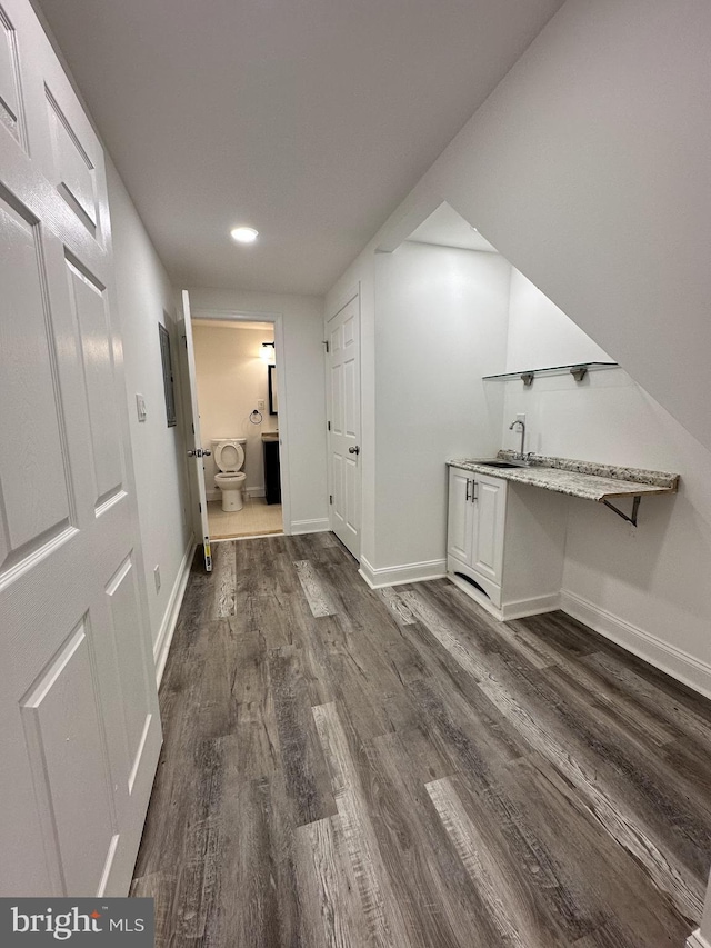 interior space with sink and dark hardwood / wood-style flooring