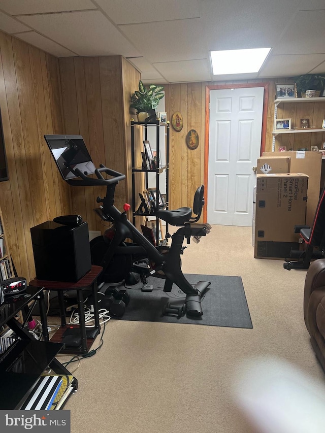 workout room with wooden walls, carpet flooring, and a drop ceiling