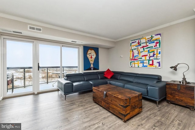 living room with hardwood / wood-style floors and ornamental molding